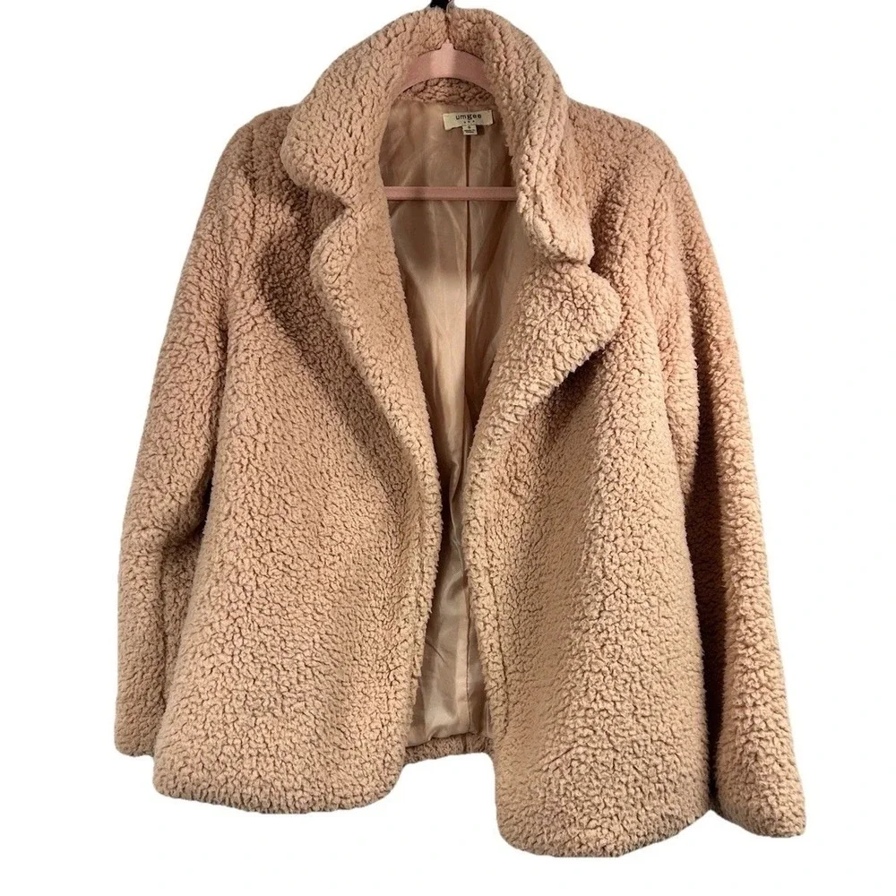 UMGEE Oversized Sherpa Teddy Jacket Size S Open Front Blush Pink Cozy Boho Soft